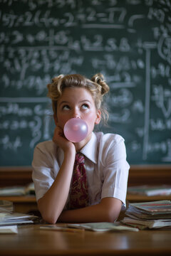 A high school girl sitting at a desk in class, blowing bubblegum and looking up.