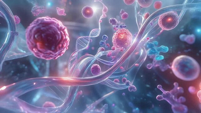 3D rendering of DNA strand and biological cells in a scientific environment