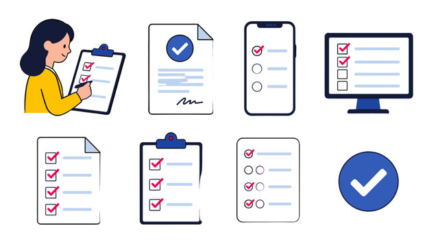 Survey and checklist forms with smartphone and computer icons