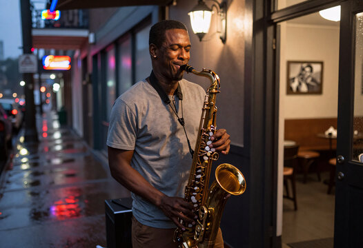 African American Young Jazz Musician Playing Saxophone in New Orleans Club