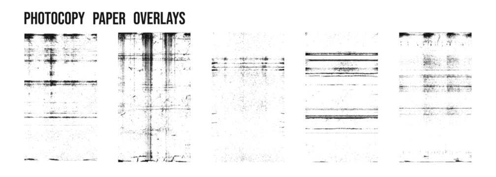 Photocopy paper overlay with vintage scanner texture effects. Distressed monochrome background featuring dust, scratches, and horizontal copy artifacts for posters, photo editing, and print design.