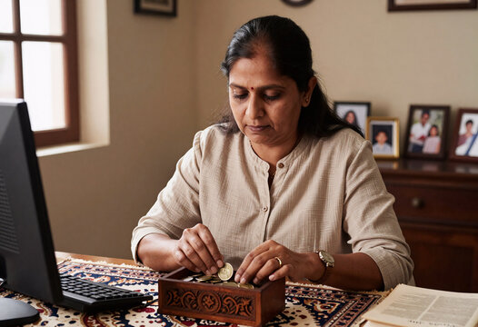 Indian Woman Counting Old Coins on Wooden Desk