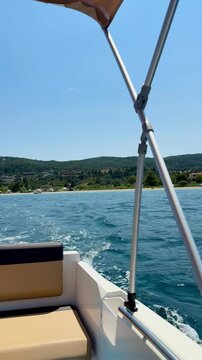 Yacht Cruise with Mediterranean Sea Waves and Mountain Coast in Halkidiki Greece