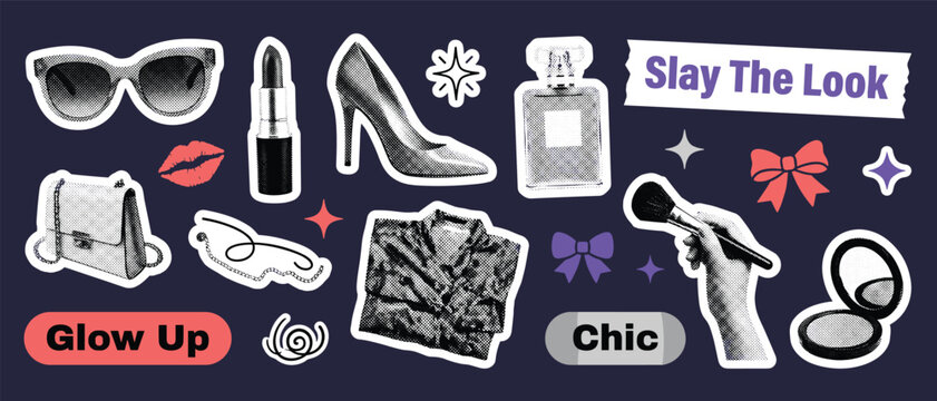 Slay The Look. Scrapbook style set of 16 fashion and beauty stickers with halftone sunglasses, heels, lipstick, and perfume isolated for glow up posters, mood boards, and fashion planner designs.