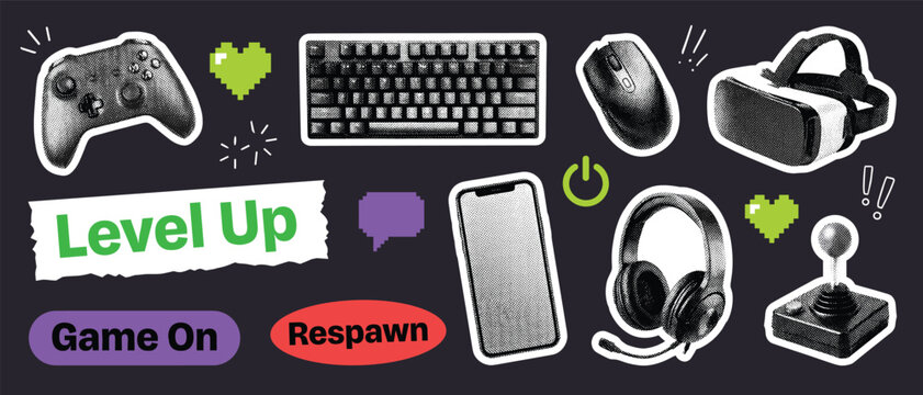 Level Up. Scrapbook style set of 14 gaming stickers with halftone controller, keyboard, VR headset, and headphones isolated for esports posters, streaming graphics, and game night invitations.