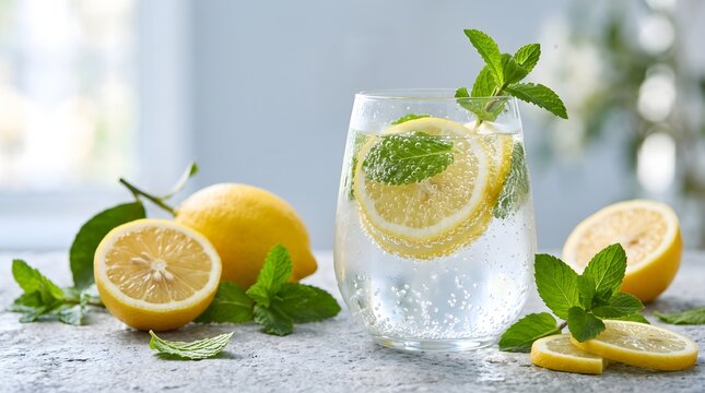 Fresh lemon mint infused water in glass with mint leaves on gray background
