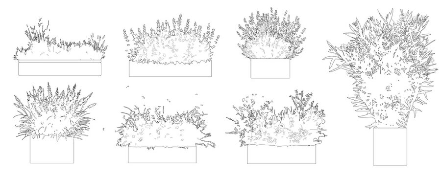 Set of flower boxes in elevation view for use in architectural drawing - isolated on transparent background 