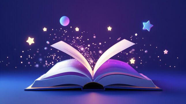 Magical fantasy story book background, beautiful 3D digital rendering of an open glowing book with floating stars and cosmic planets, creative imagination concept.