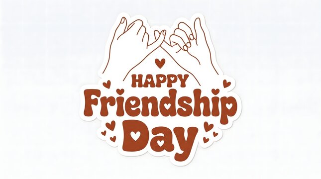 Happy Friendship Day pinky promise hands sticker with hearts on white background