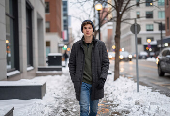 Obraz premium Young Adult Walking in Snowy Toronto Cityscape with Bokeh Lights