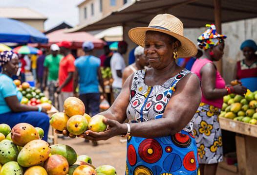 African Woman Selling Fresh Mangoes and Handmade Makeup in Accra Market
