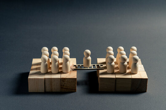Business mediator connecting two teams across bridge between departments