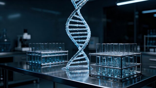 Two glowing DNA helixes with test tube racks in a modern lab
