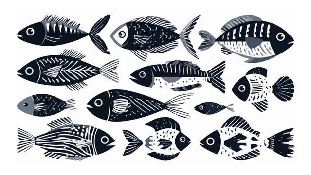 Illustration of various fish silhouettes in dark blue shades showcasing different shapes and patterns suitable for marine or aquatic themes