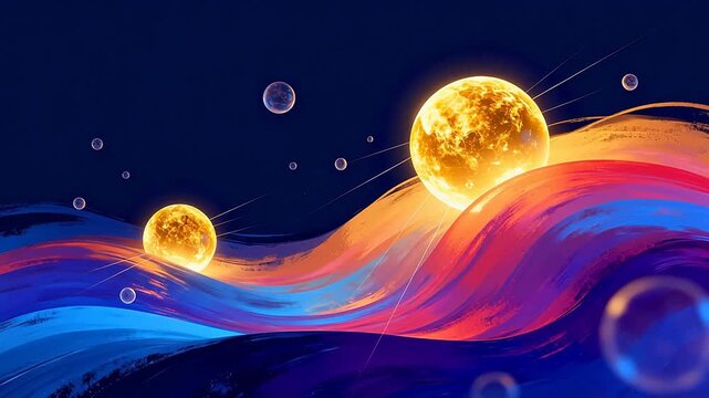Abstract celestial spheres and colorful waves
