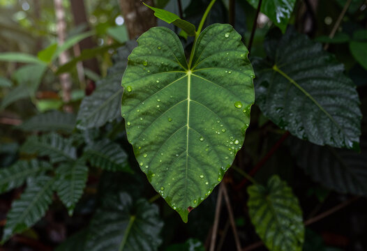 Amazon Rainforest Macro Leaf Background with Water Drops