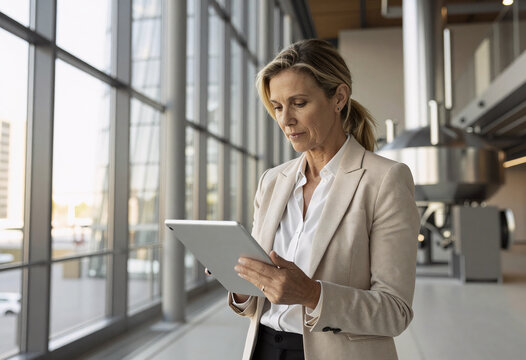Businesswoman Reviewing ESG Data in Industrial Setting