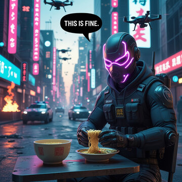 Cyberpunk character sitting in a chaotic futuristic city street while eating ramen, humorously unbothered concept, neon city in ruins background