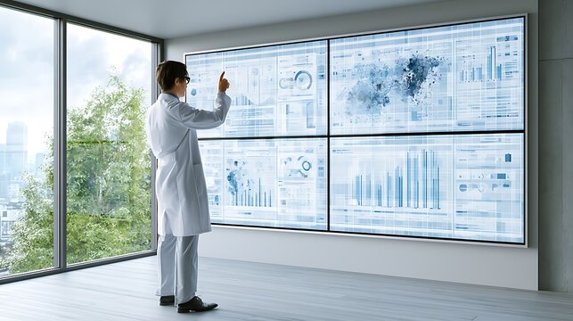 Scientist interacting with futuristic holographic data wall in modern lab