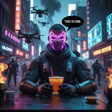 Cyberpunk character sitting in a chaotic futuristic city street while eating ramen, humorously unbothered concept, neon city in ruins background