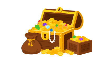 Open treasure chest with gold coins, gems, and money bag © Artstock