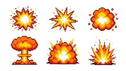 Pixel art explosion set with retro game fire burst effects © Artstock