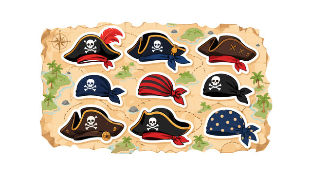 Pirate hats and bandanas sticker set on treasure map