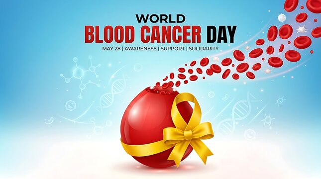 World blood cancer day awareness campaign with red blood cells and yellow ribbon on a gradient blue background