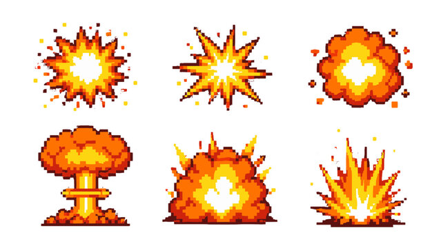 Pixel art explosion set with retro game fire burst effects