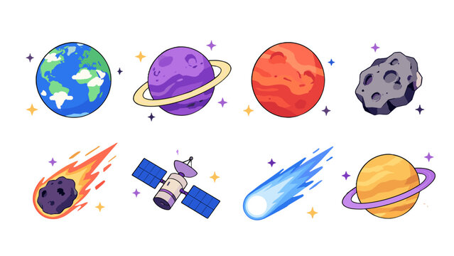 Pixel art space icon set with planets, asteroid, satellite and comet