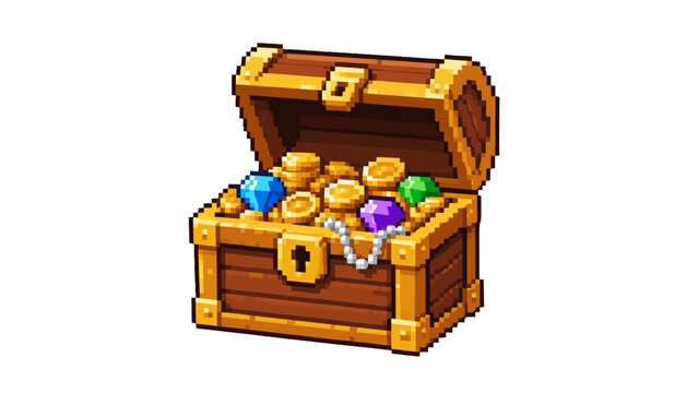 Open pixel art treasure chest filled with coins and gems