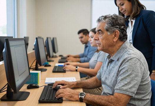 Senior man learning digital literacy in public library