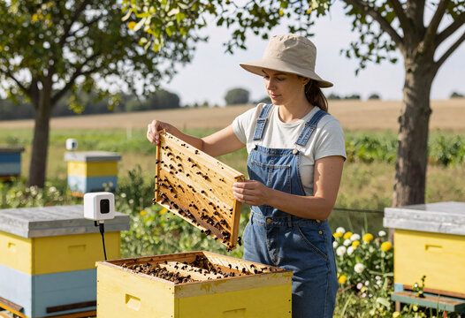 Farmer Checking Healthy Beehives with Environmental Sensors
