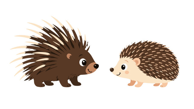 Cartoon porcupine and hedgehog facing each other on white
