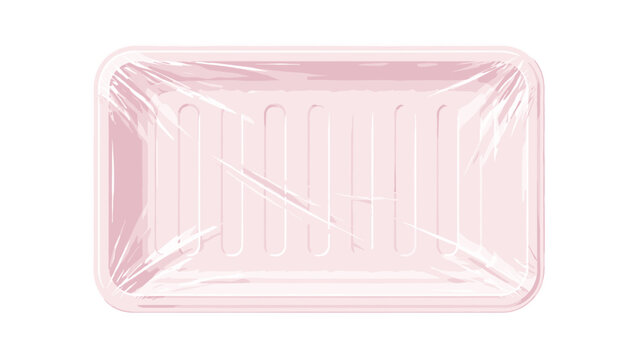 Empty plastic meat tray package wrapped in transparent film