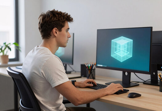 Blockchain Concept with Translucent 3D Cubes and Cyan Lighting