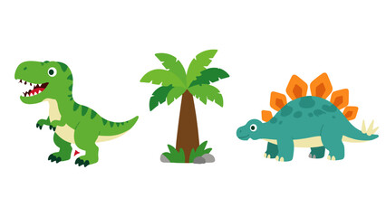 Cute cartoon dinosaur stickers with palm tree set © Artstock