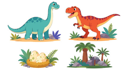Cartoon dinosaur characters with eggs and prehistoric plants © Artstock