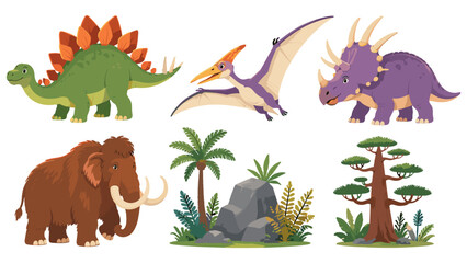 Cartoon prehistoric animals and plants isolated set © Artstock