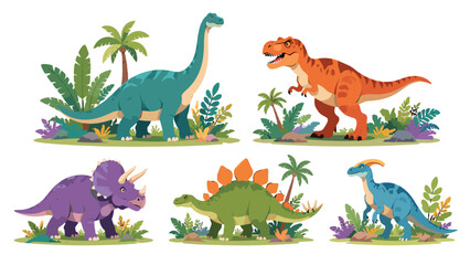 Cartoon dinosaur set with prehistoric plants on white background © Artstock