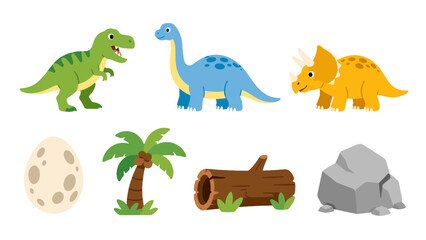 Cute dinosaur sticker set with egg palm tree log and rock © Artstock