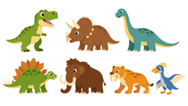 Cute cartoon prehistoric animals and dinosaurs set