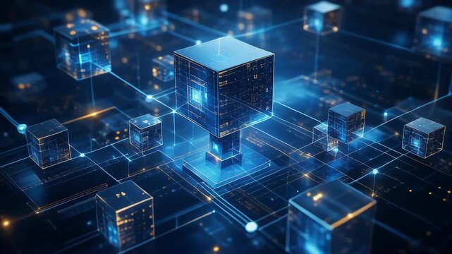 Network of interconnected glowing blue digital cubes representing blockchain technology