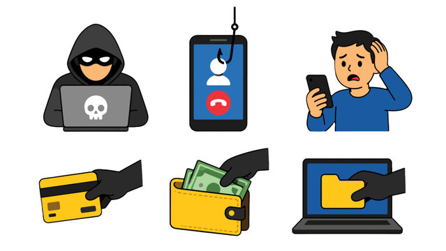 Phishing scam and digital theft icons with phone and laptop