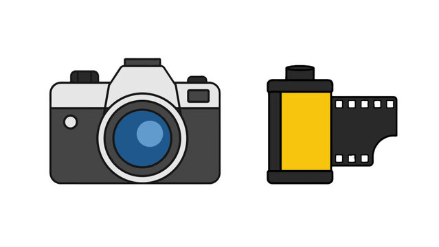 Camera and film roll icon set in flat vector style