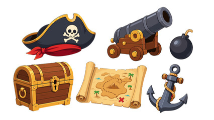 Cartoon pirate adventure objects with map, cannon, and treasure chest © Artstock