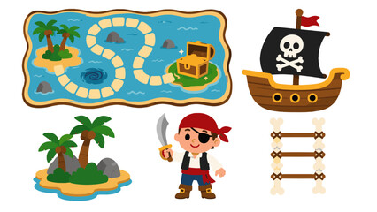 Naklejka premium Pirate board game map with treasure island and ship vector set