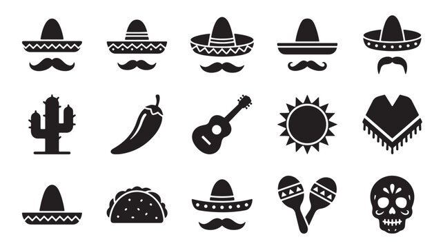 Mexican fiesta icons, sombrero symbols, Latin American culture, 15 black vector graphics