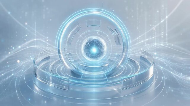 Futuristic translucent circular interface with glowing blue core and data lines
