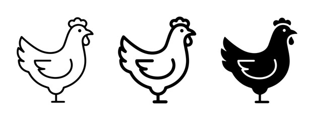 Naklejka premium Chicken Icons: Simple Line Art and Solid Silhouette Vector Graphics for Farm, Poultry, and Food Themes